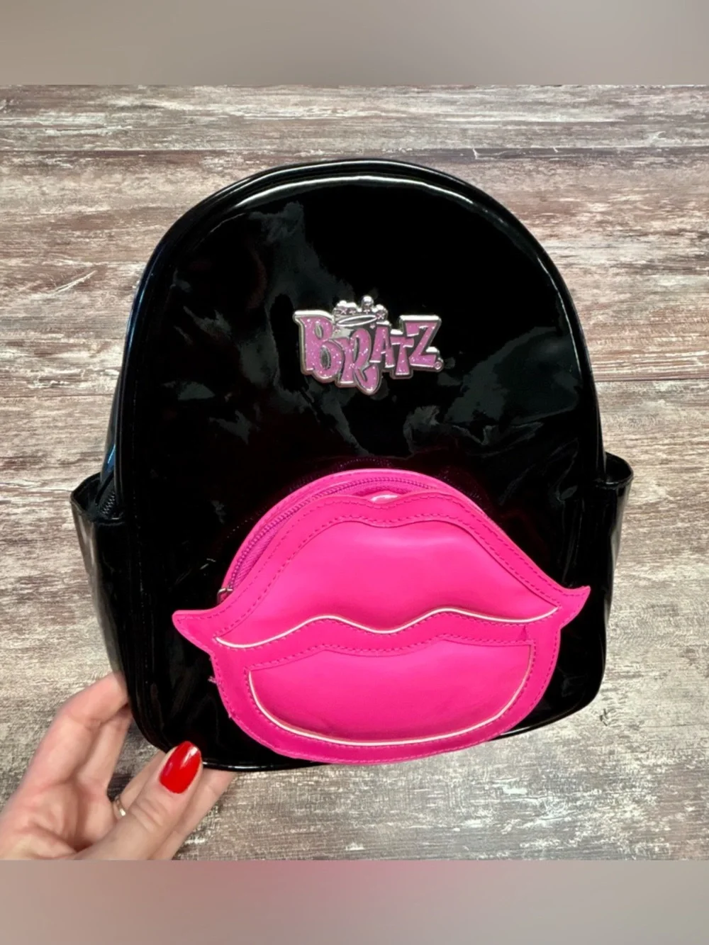 Bratz Black Patent Mini Backpack Hot Pink Lip Pocket Y2K Aesthetic Preppy Bag